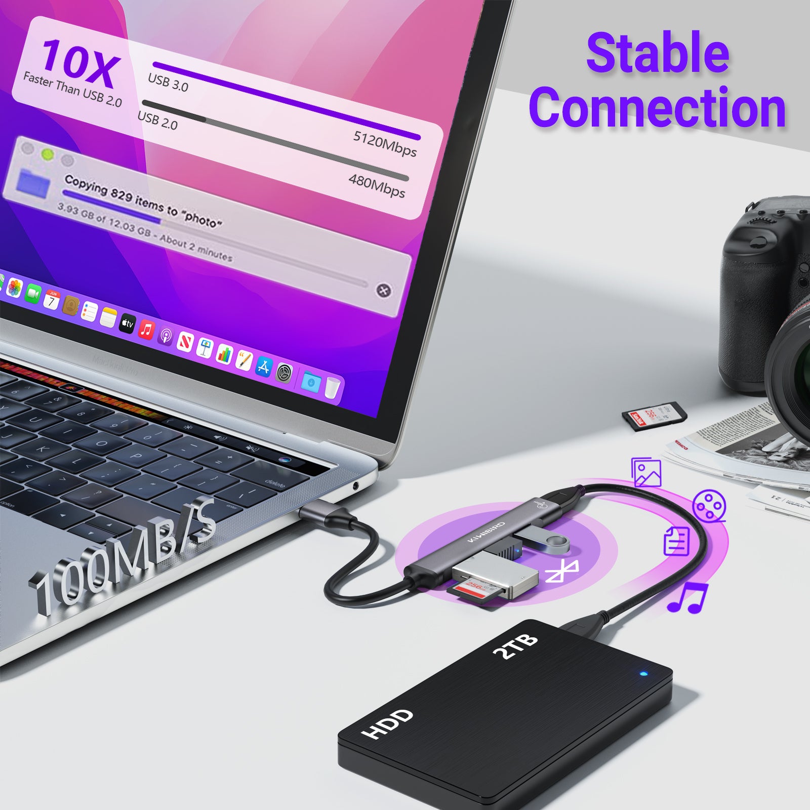 Ultraflacher USB-Hub mit 4 Anschlüssen, Grau