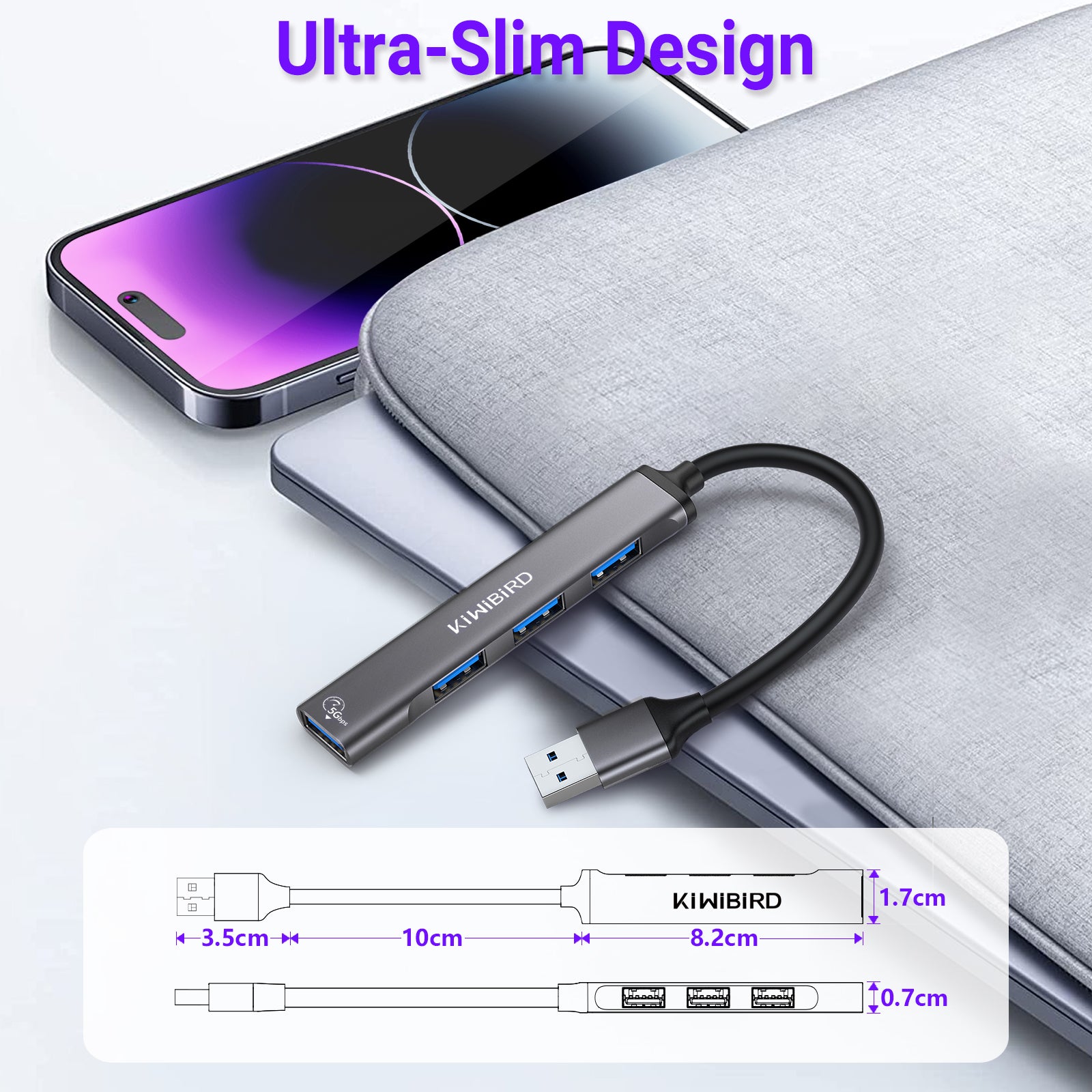Ultraflacher USB-Hub mit 4 Anschlüssen, Grau