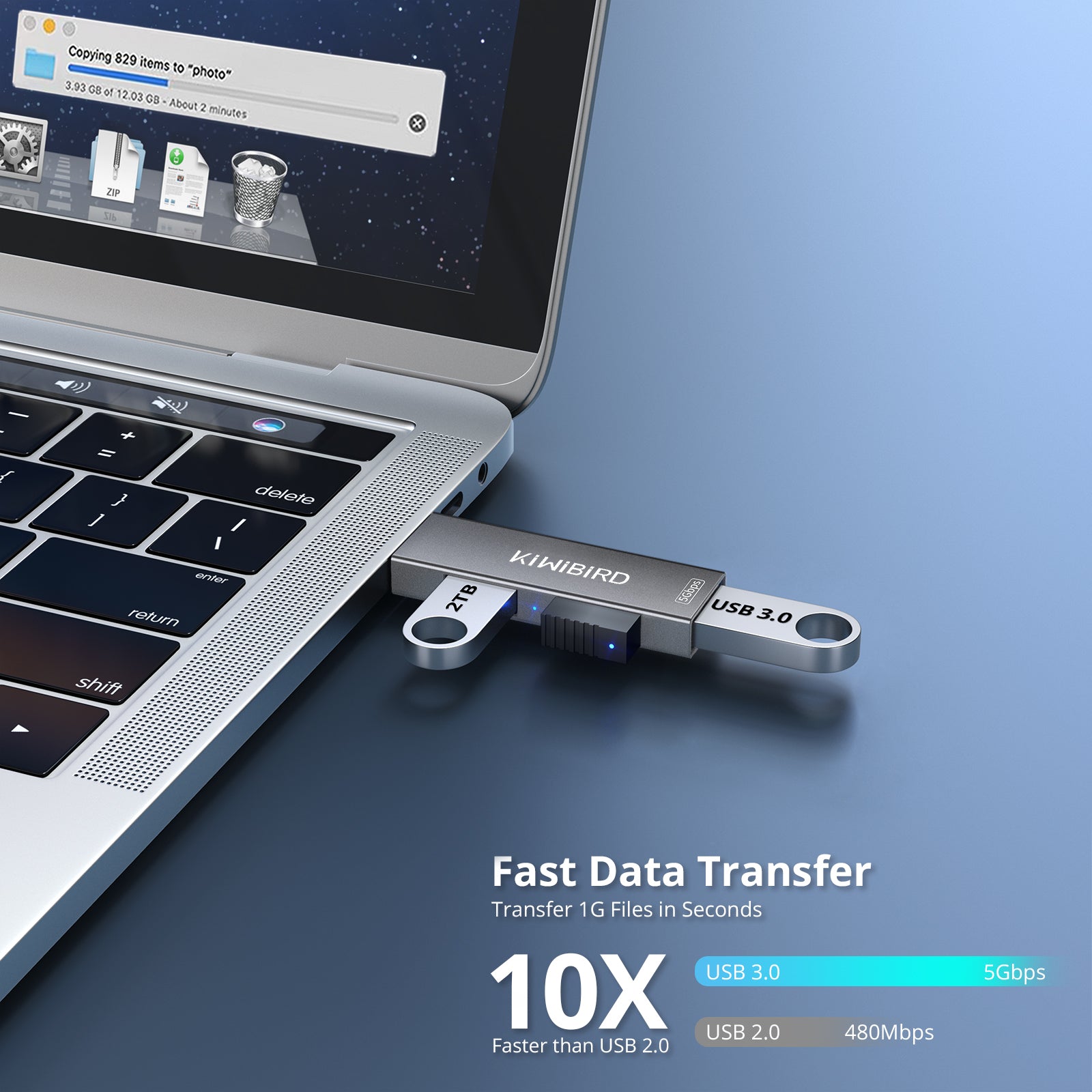 Schlanker USB-Hub mit 3 Anschlüssen, Grau