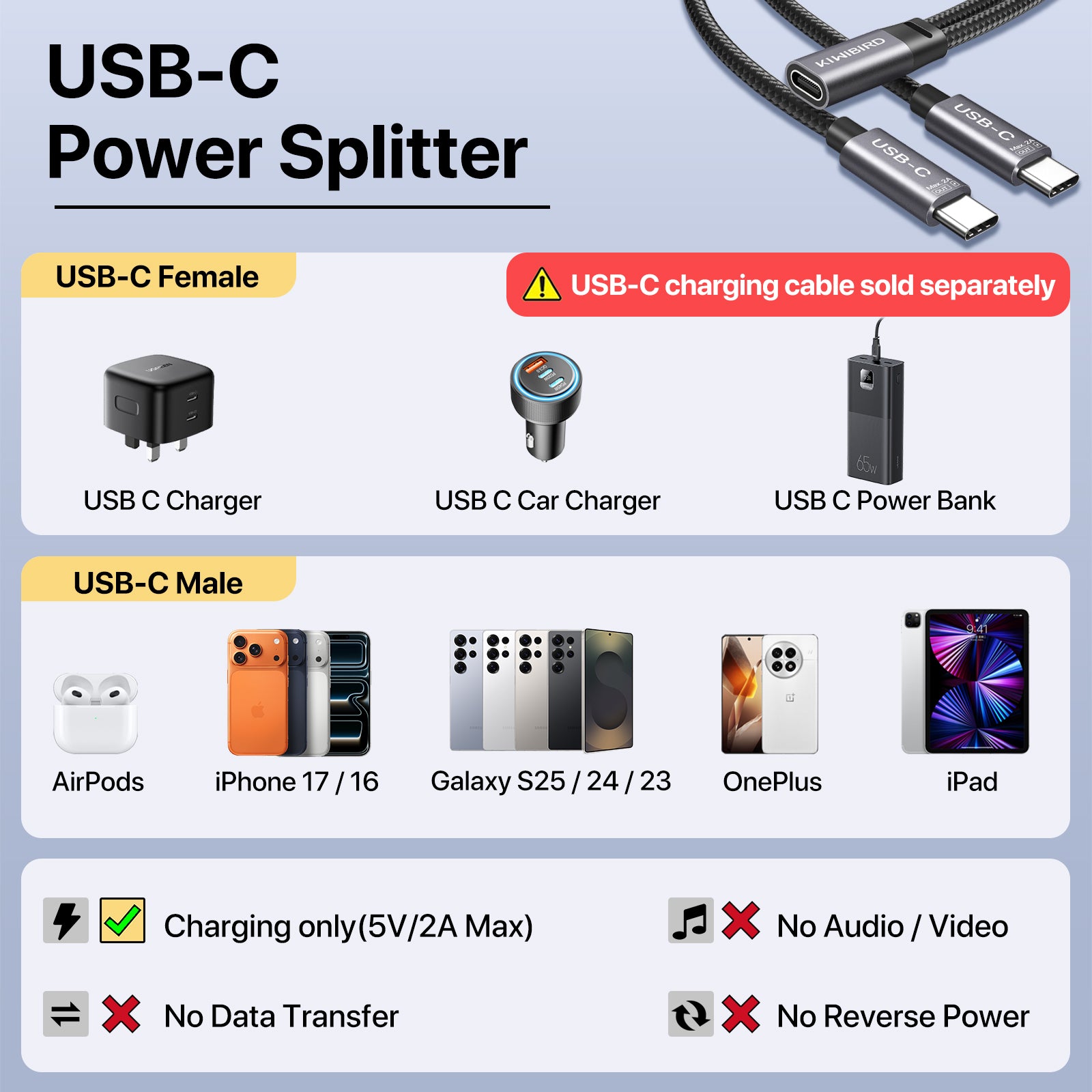 USB-C-Ladekabel-Splitter 1×2