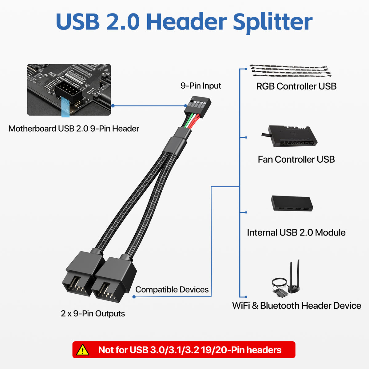 in 2 out USB 2.0 Splitter Extension Cable 9 Pin