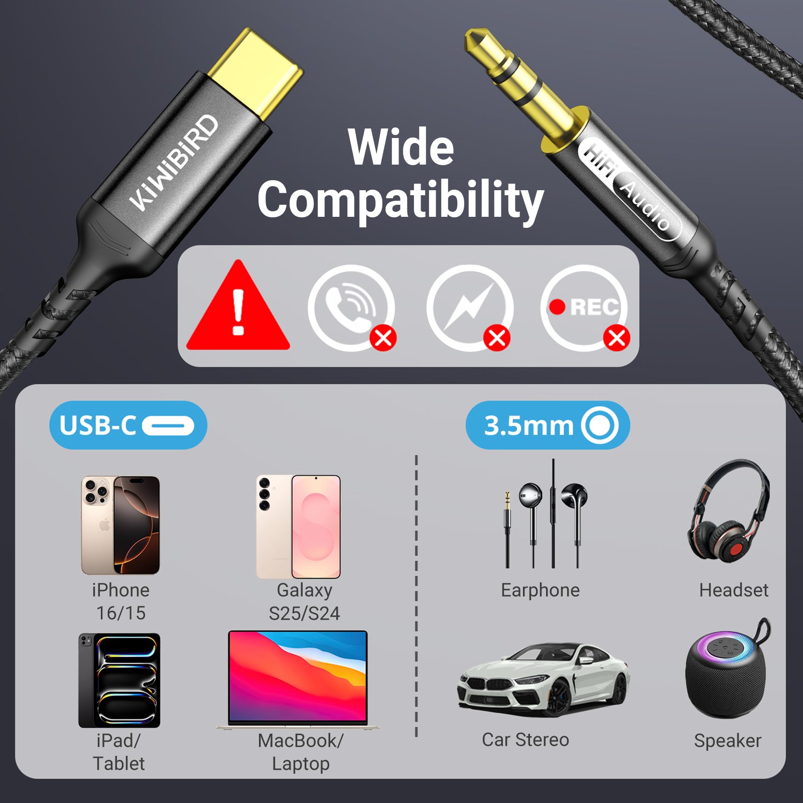 USB C to 3.5mm Aux Cable Grey