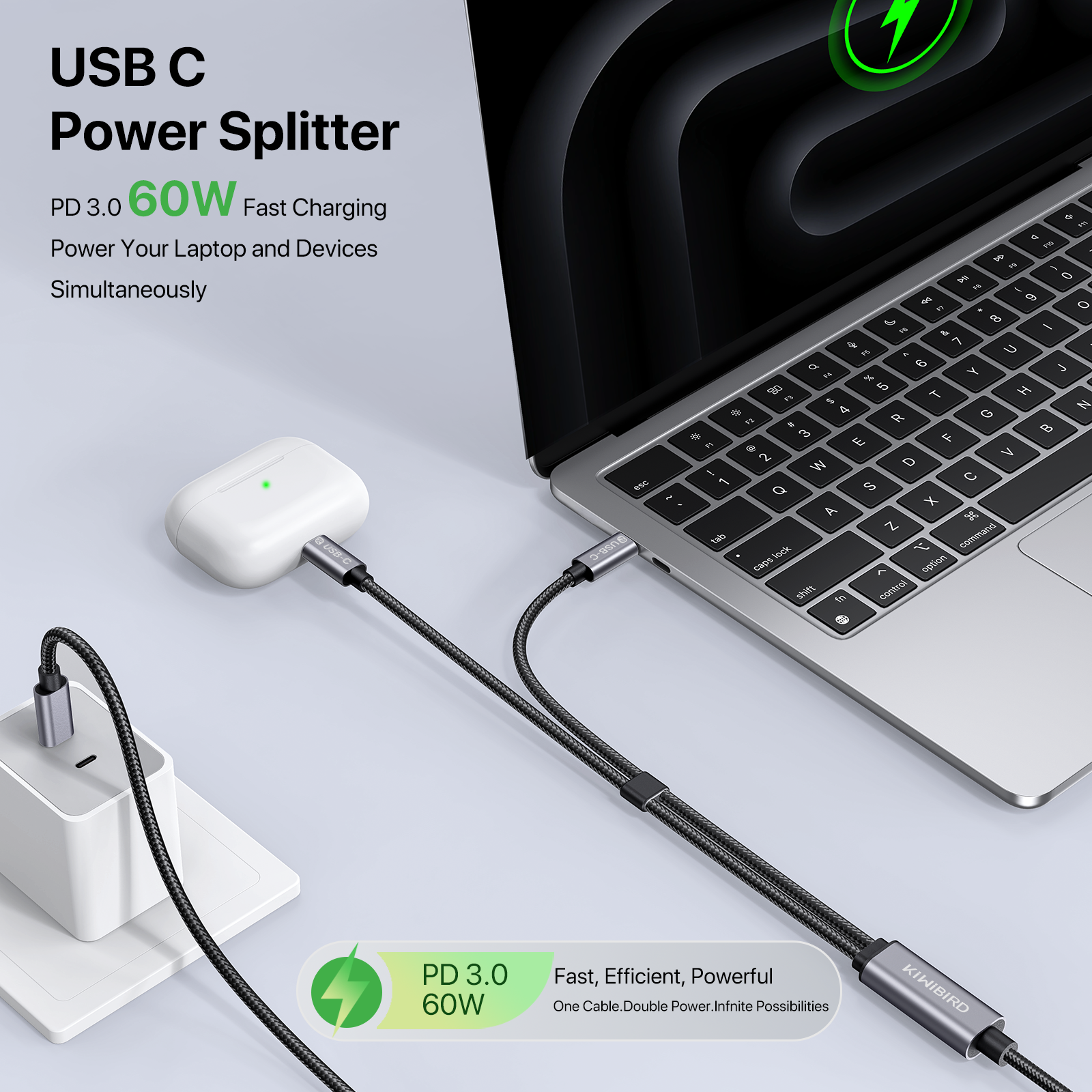 USB C Splitter for Charging PD 60W 1.2m